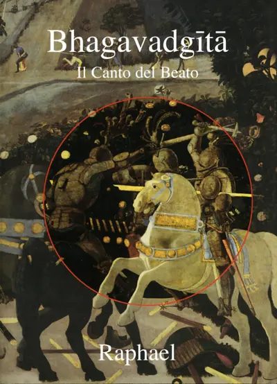 Portada del libro Bhagavadgītā. Pintura de una escena de batalla épica con Arjuna y Krisna en el carro, en el Kurukṣetra. Ilustración medieval.