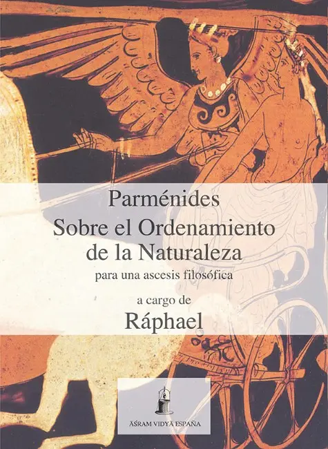 Portada del libro Parménides: Sobre el Ordenamiento de la Naturaleza. Ilustración de un fresco clásico de dos figuras en un carro, una con alas.