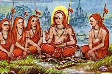 Adi Shankara (Sánkara) sentado con sus cuatro principales discípulos. Fundador del Advaita Vedanta y restaurador del conocimiento Védico.
